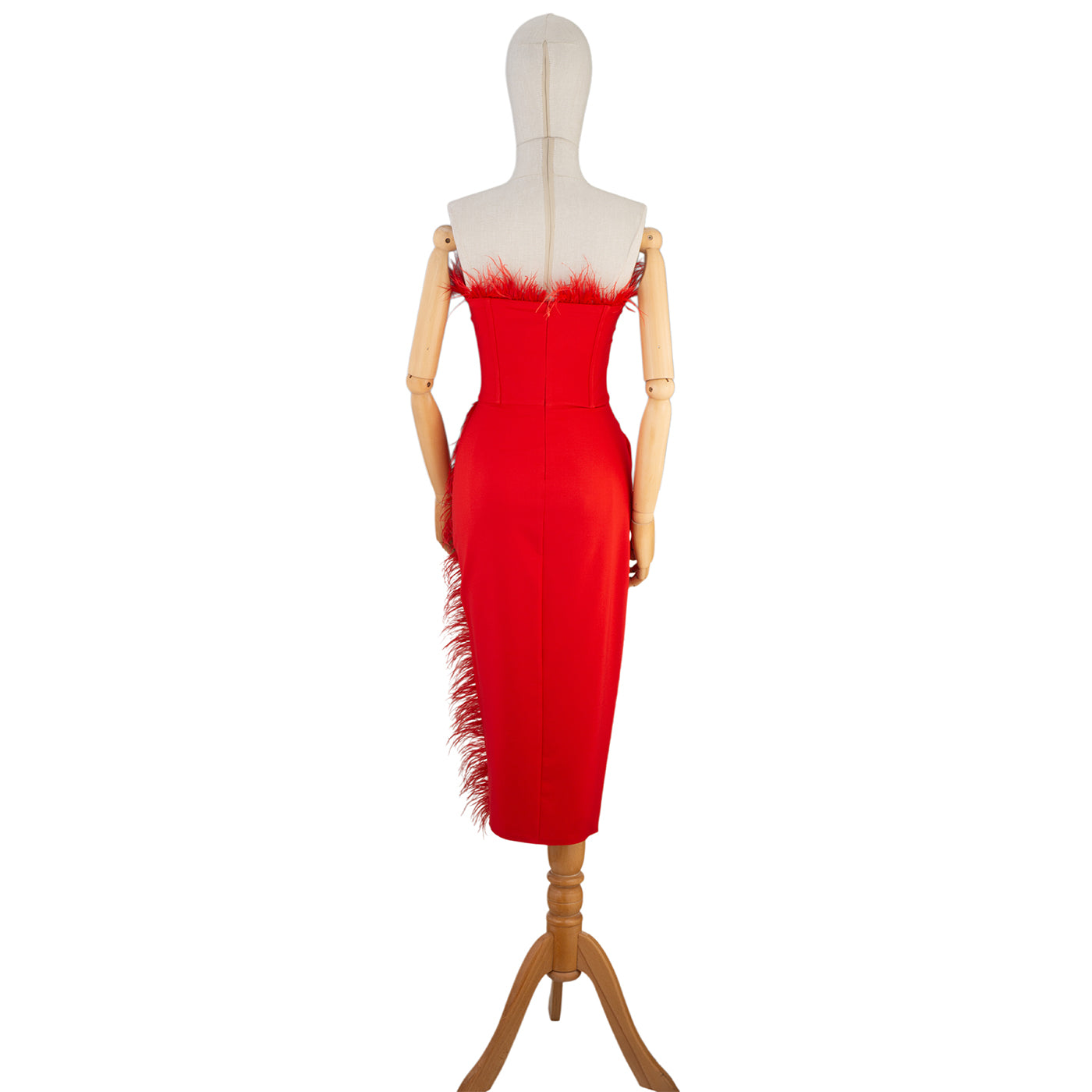 Red Feather Corset Bodycon Midi Dress