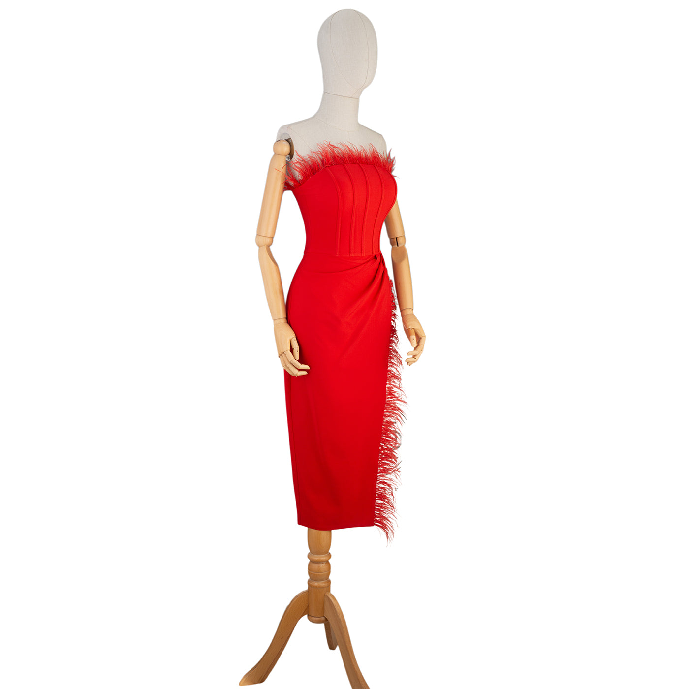Red Feather Corset Bodycon Midi Dress