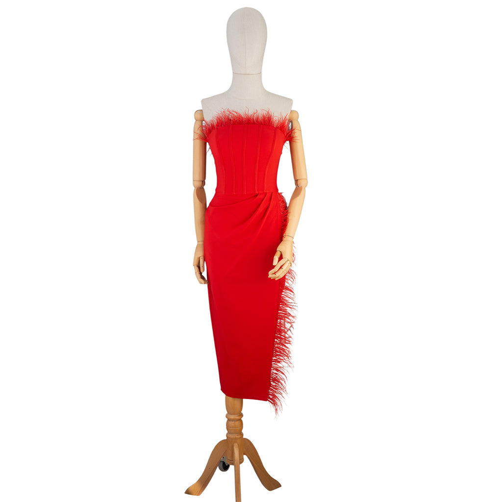 Red Feather Corset Bodycon Midi Dress