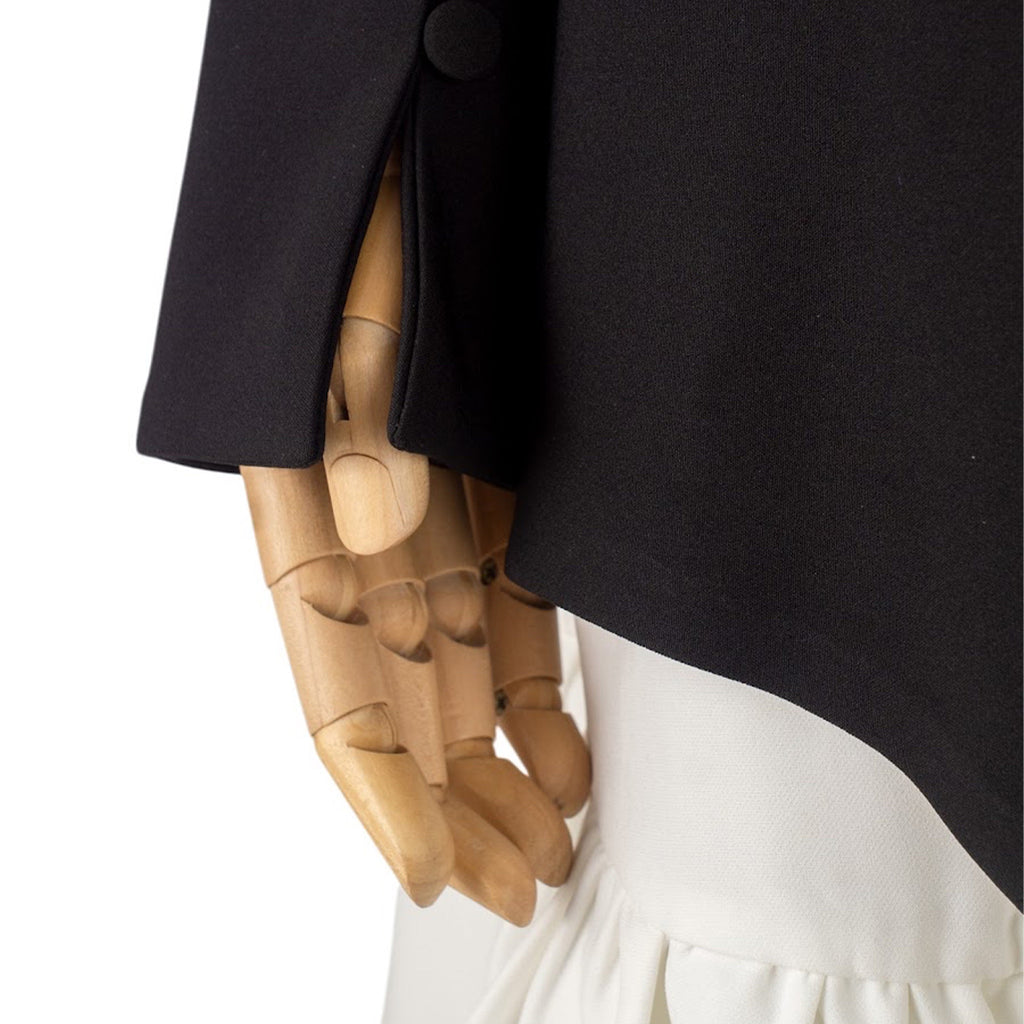 Black Mini Dress with White Ruffles and Statement Sleeves