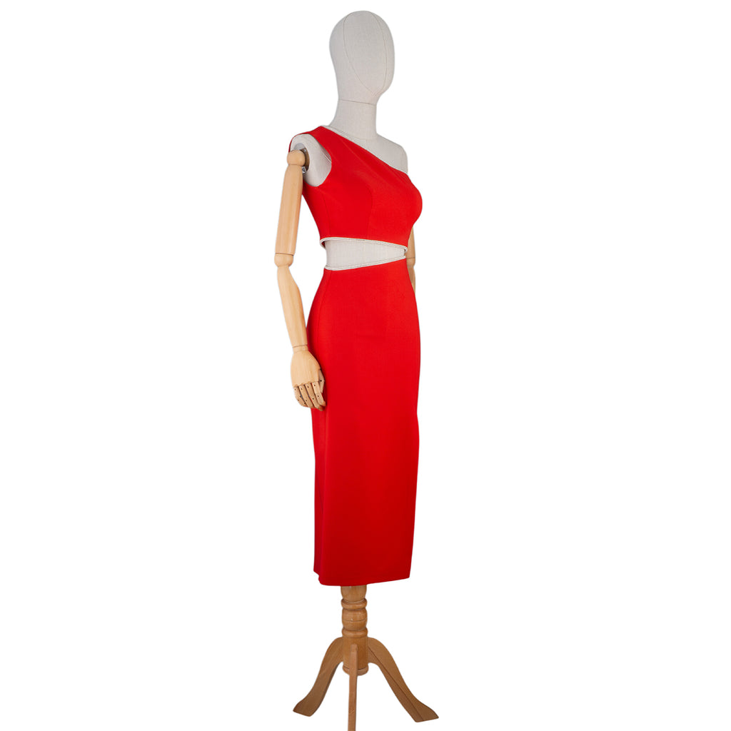 Red One-Shoulder Cutout Bodycon Midi Dress