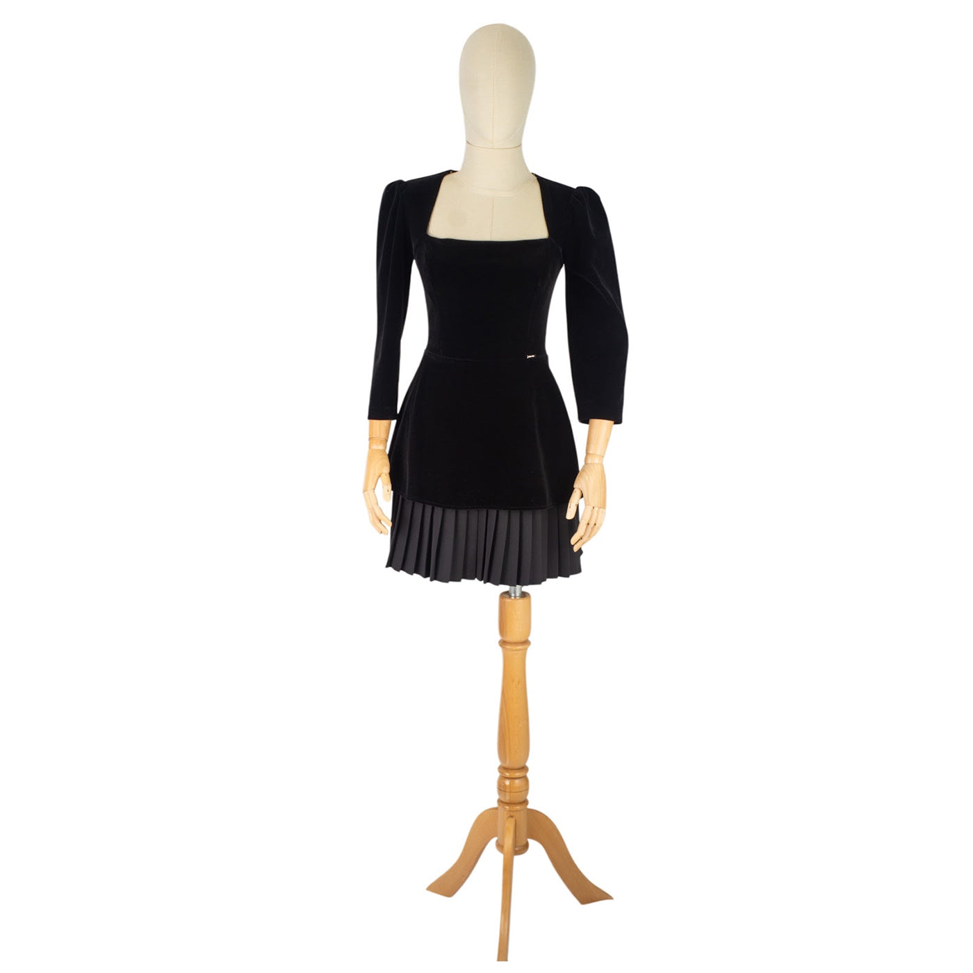 Black Velvet Dress with Pleated Skirt