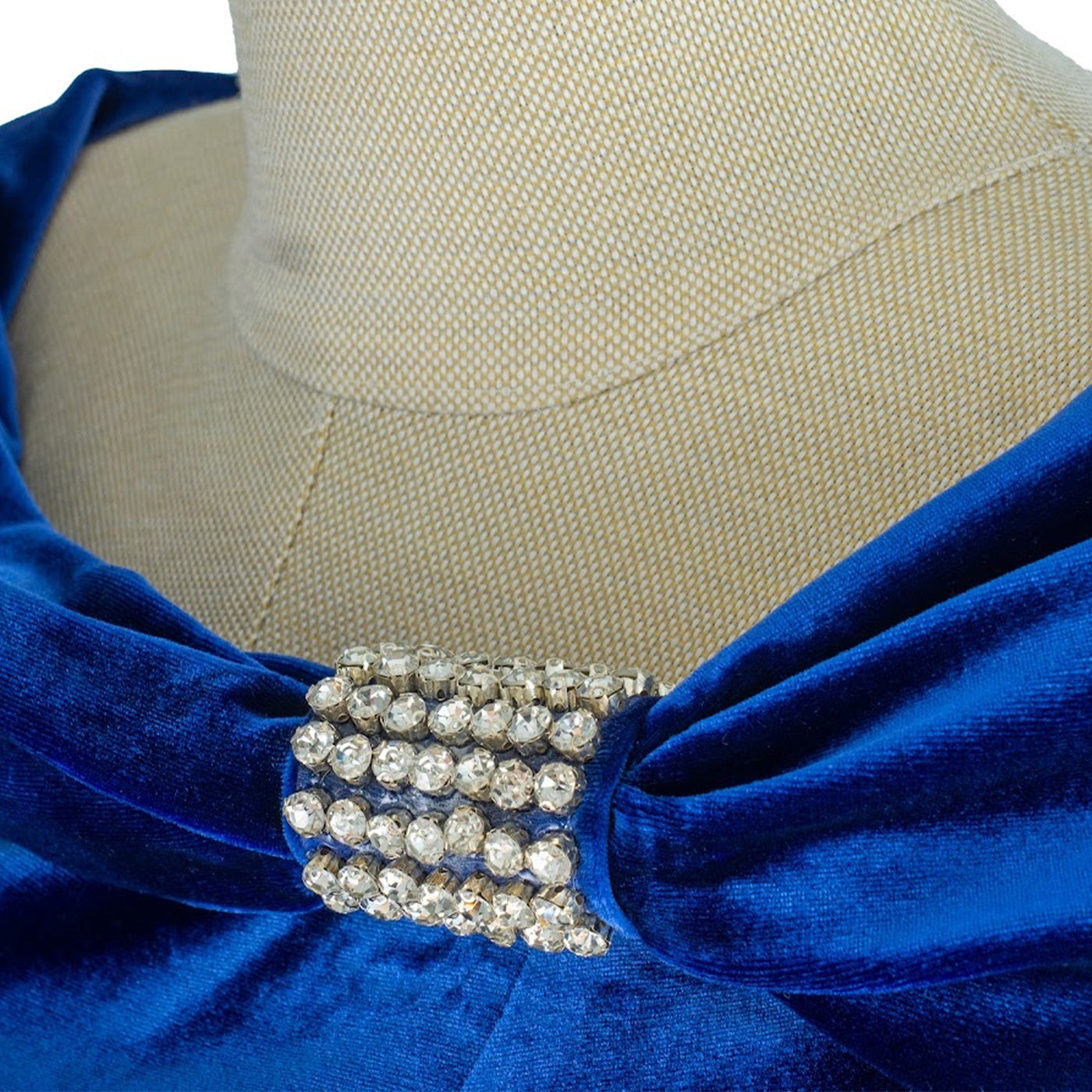 Royal Blue Velvet Draped Dress with Brooch and Gloves