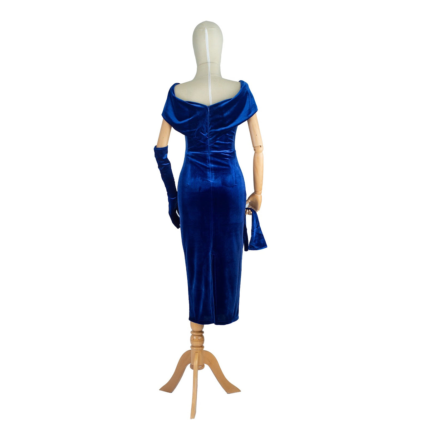 Royal Blue Velvet Draped Dress with Brooch and Gloves