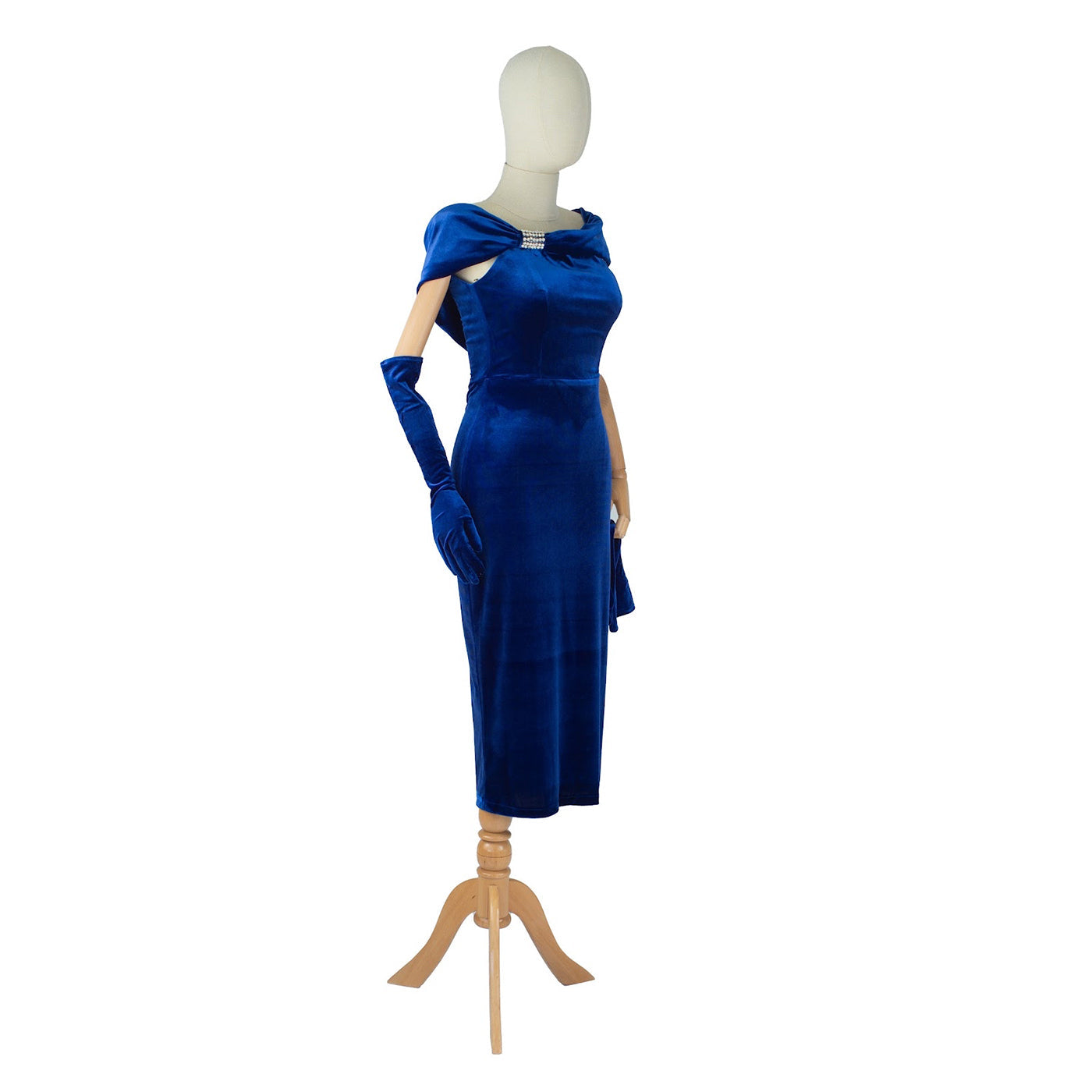 Royal Blue Velvet Draped Dress with Brooch and Gloves