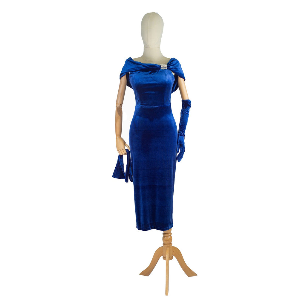 Royal Blue Velvet Draped Dress with Brooch and Gloves