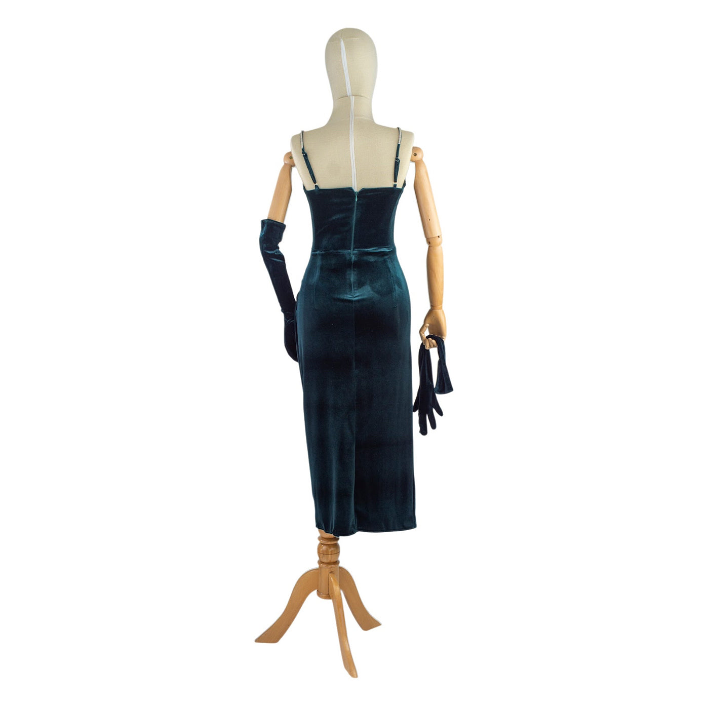 Emerald Velvet Strappy Dress with Matching Gloves