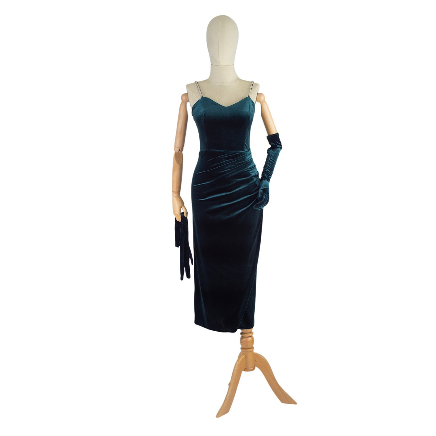 Emerald Velvet Strappy Dress with Matching Gloves