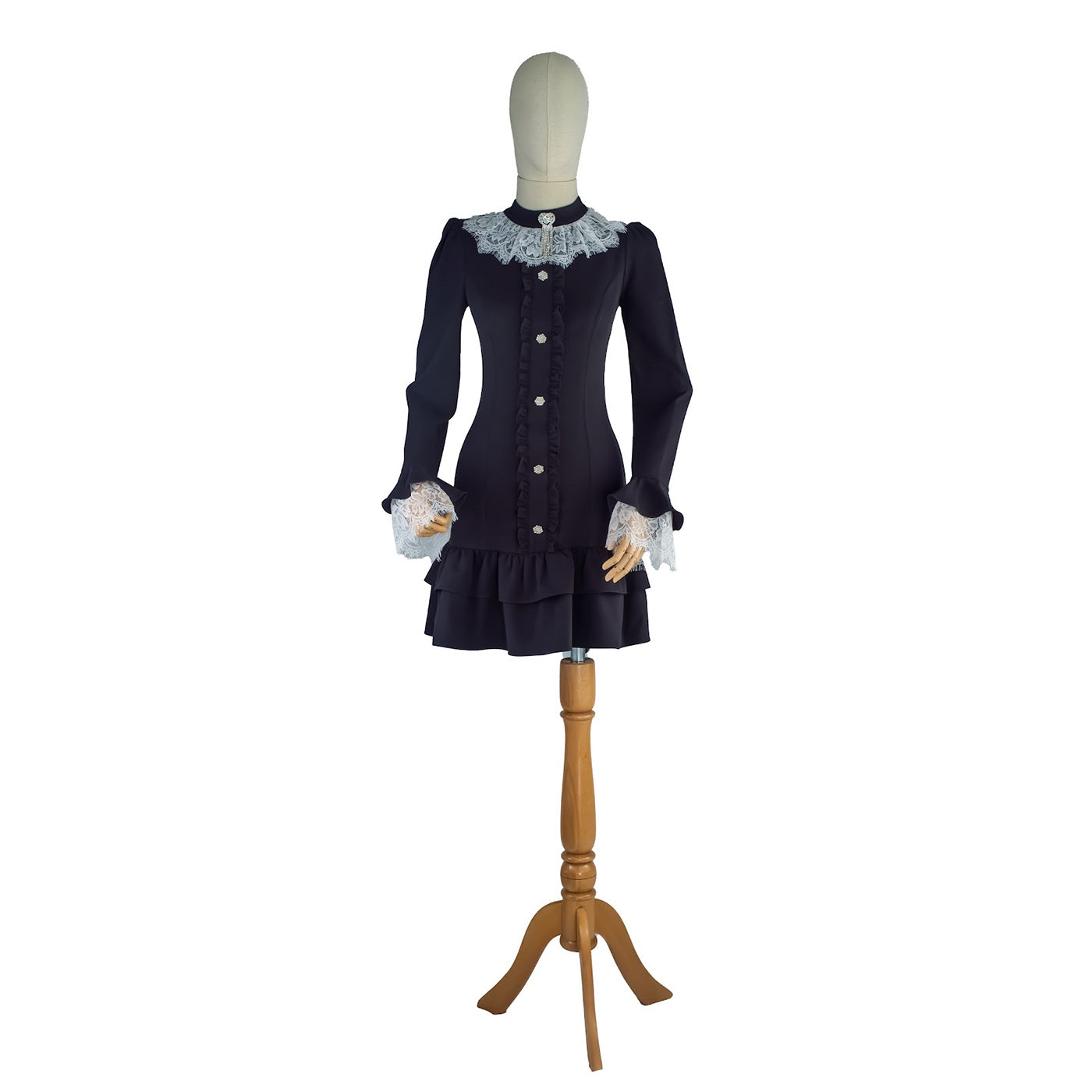 Vintage Black Dress with Lace Collar and Ruffle Hem