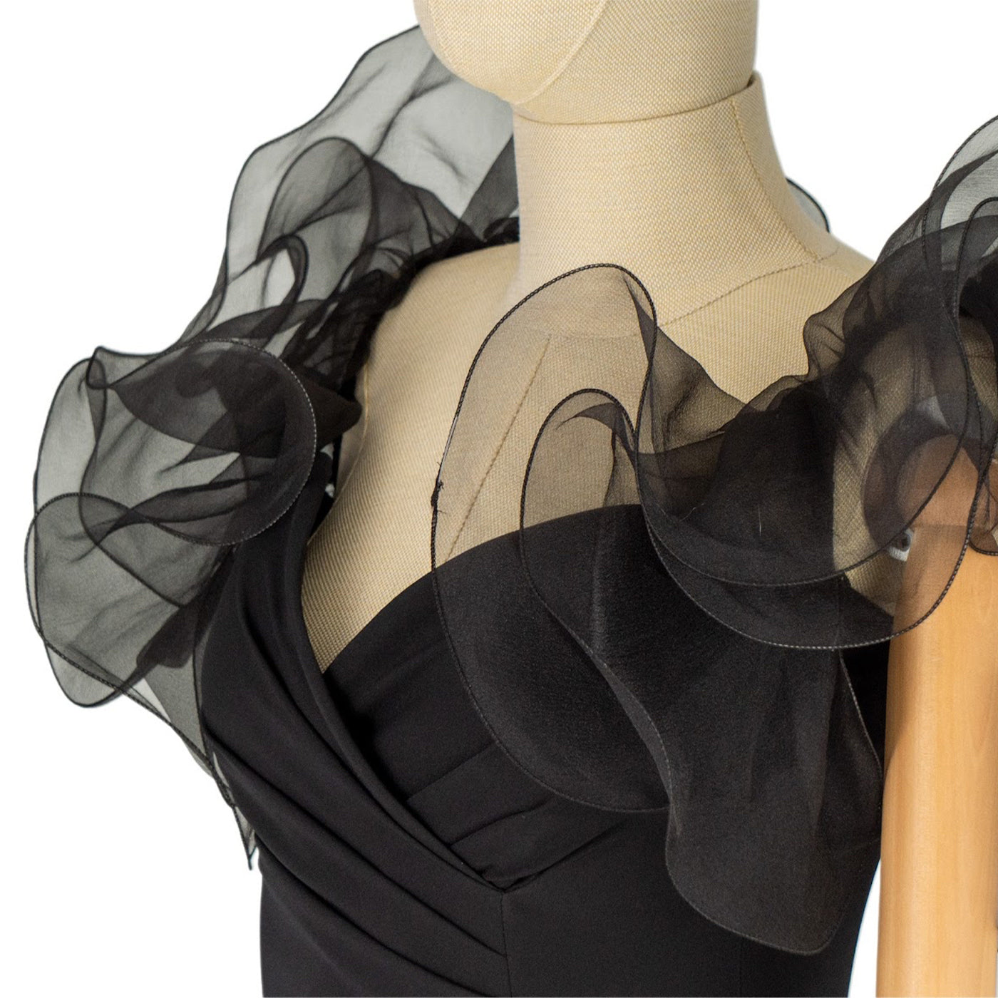 Black Midi Dress with Dramatic Ruffle Shoulders