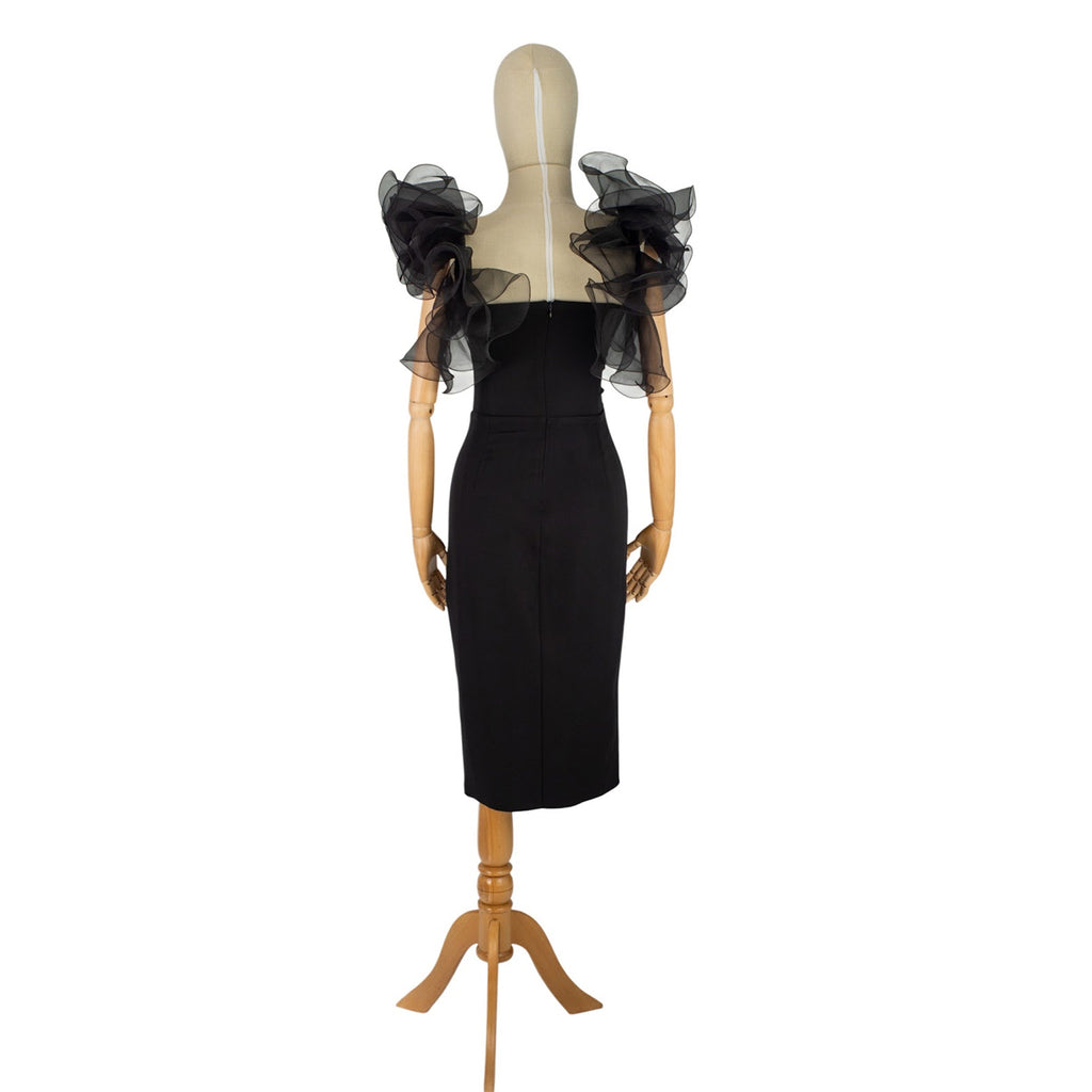 Black Midi Dress with Dramatic Ruffle Shoulders
