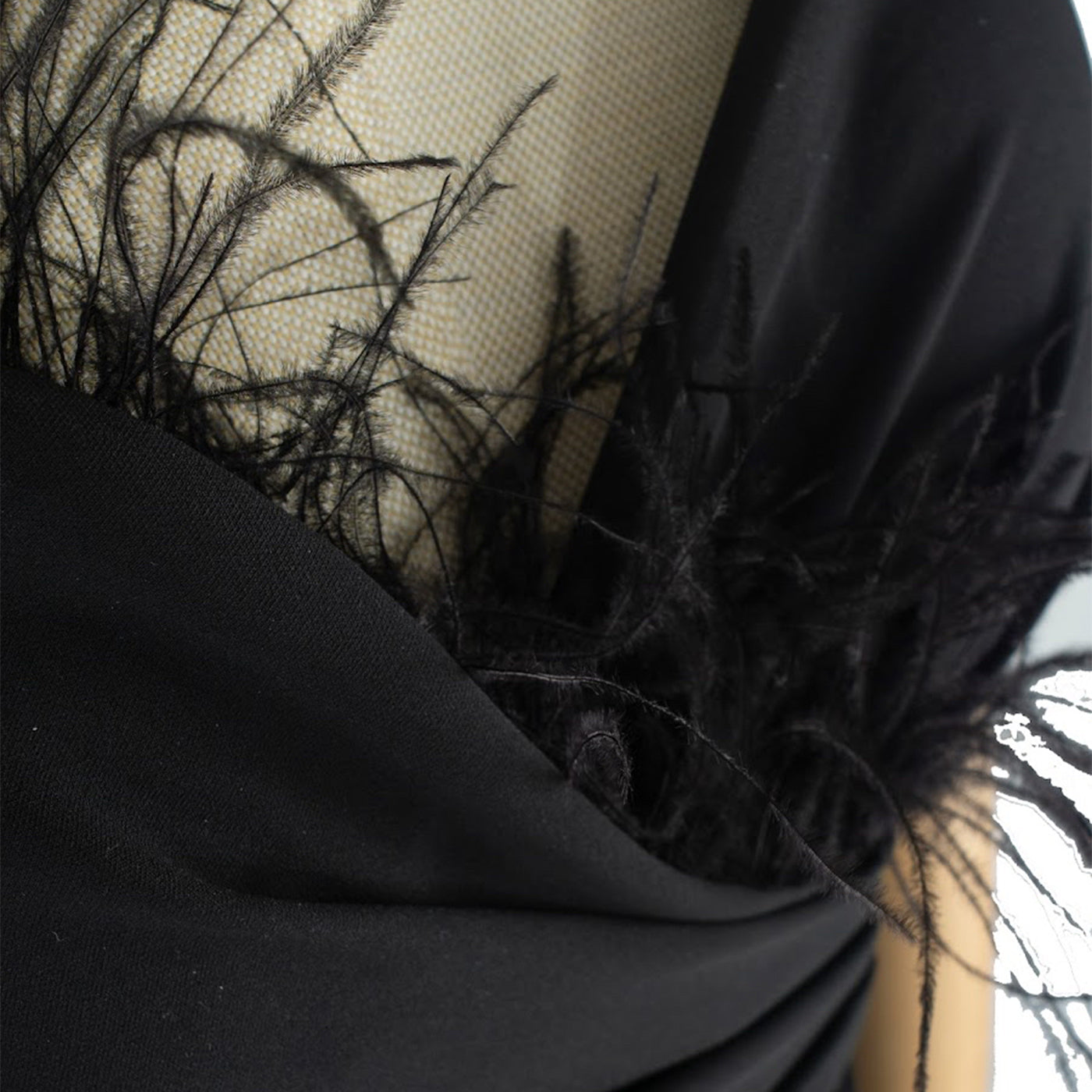 One-Shoulder Black Dress with Feather Detail