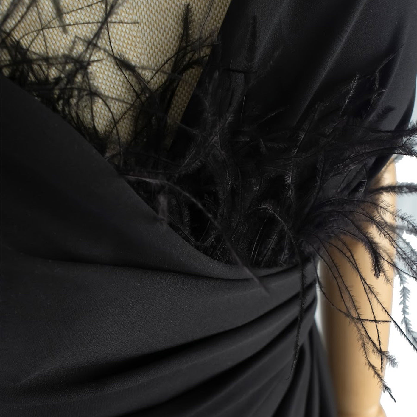 One-Shoulder Black Dress with Feather Detail