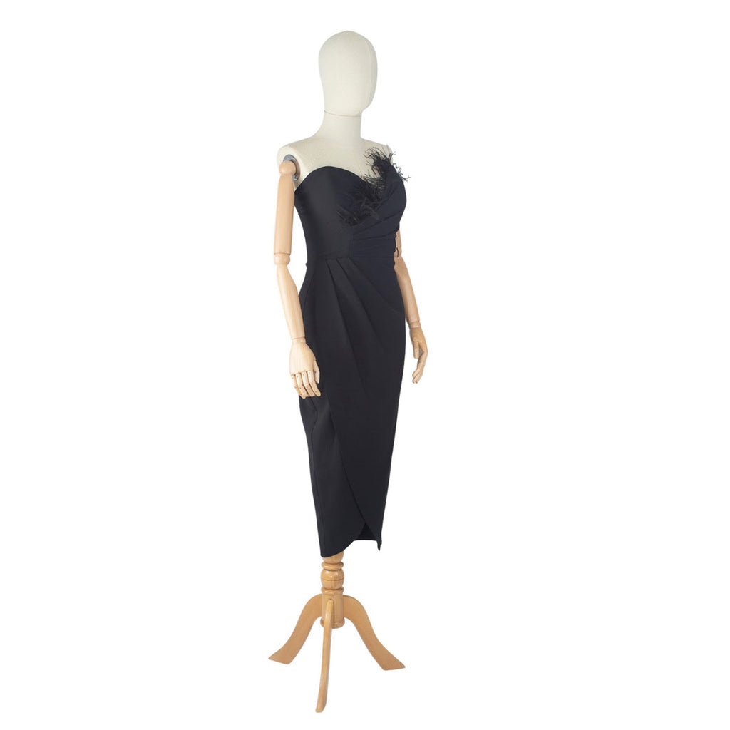 One-Shoulder Black Dress with Feather Detail