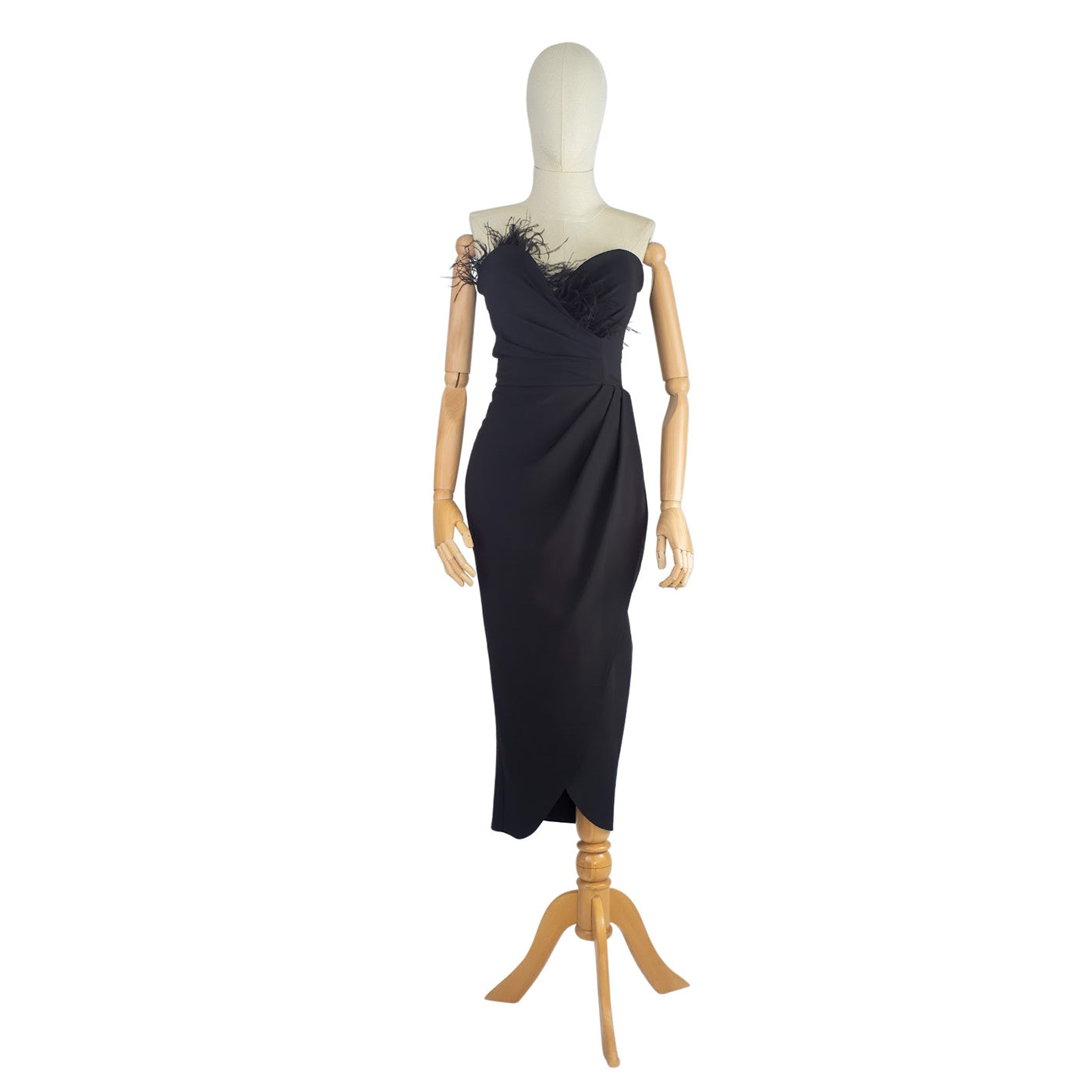 One-Shoulder Black Dress with Feather Detail
