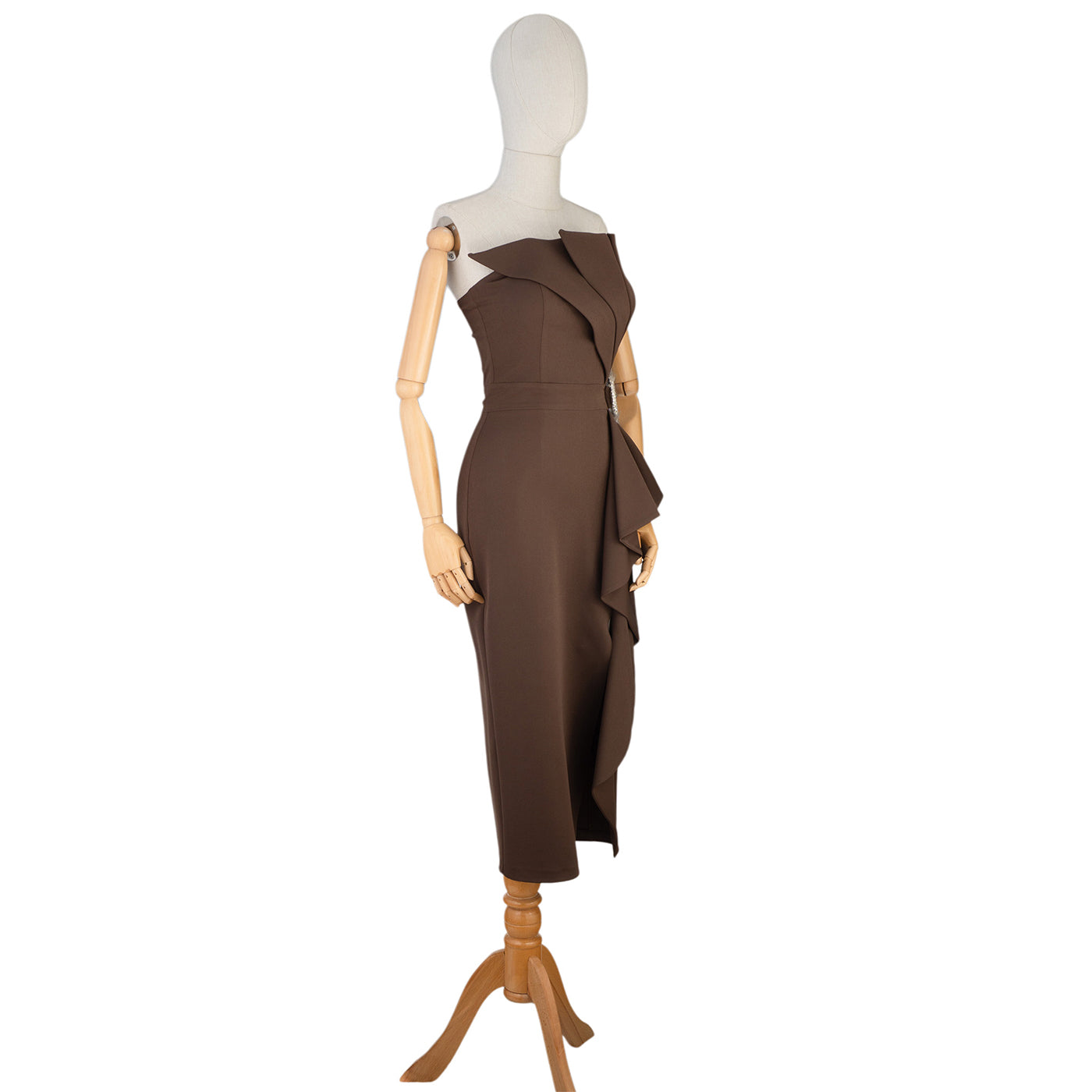 Elegant Chocolate Off-Shoulder Ruffle Midi Dress