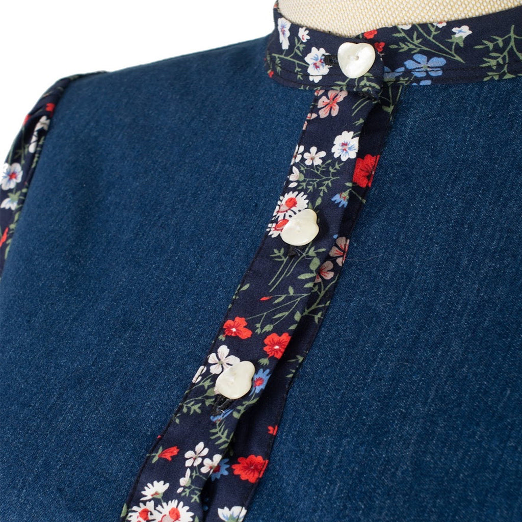 Denim Dress with Floral Inserts and Puff Sleeves