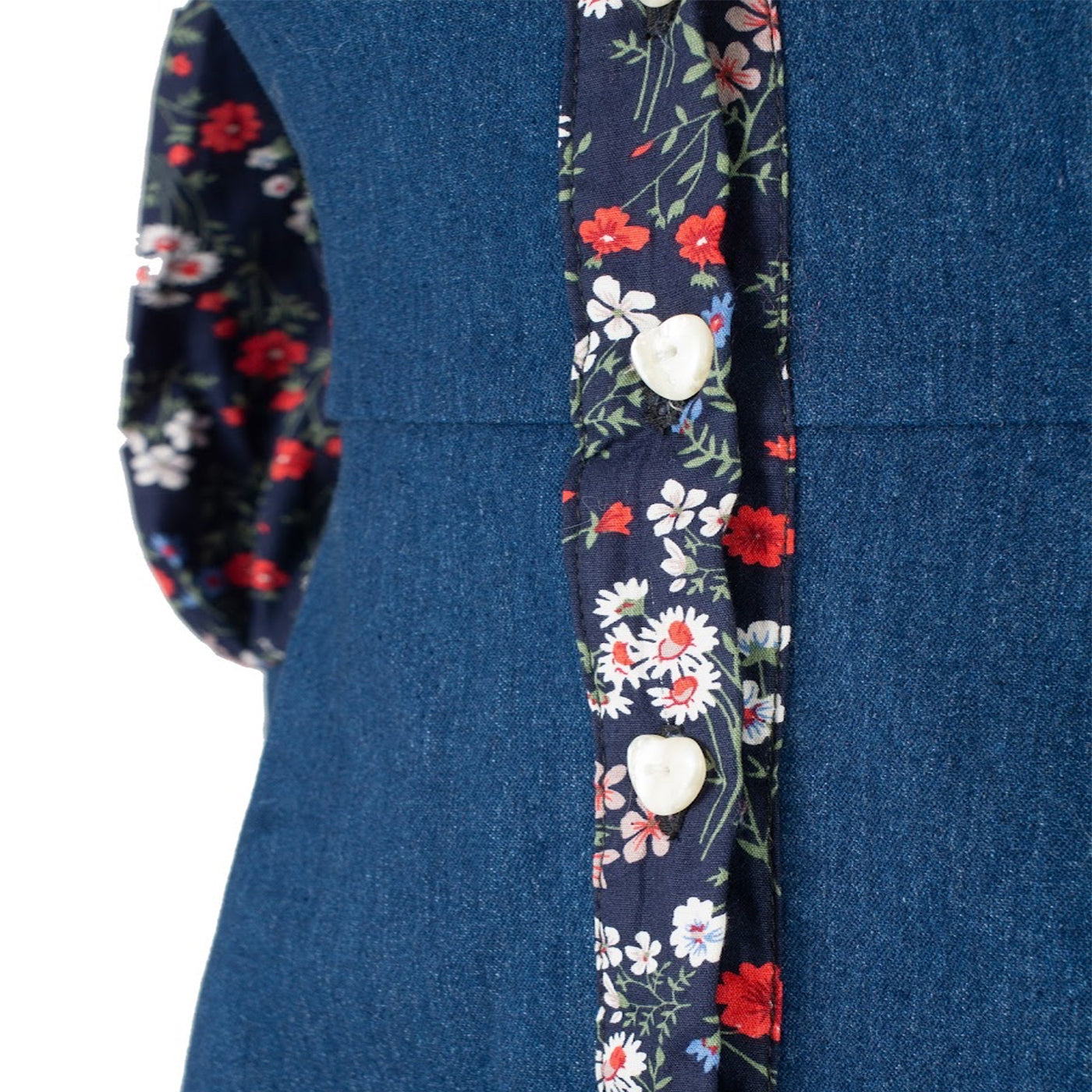 Denim Dress with Floral Inserts and Puff Sleeves