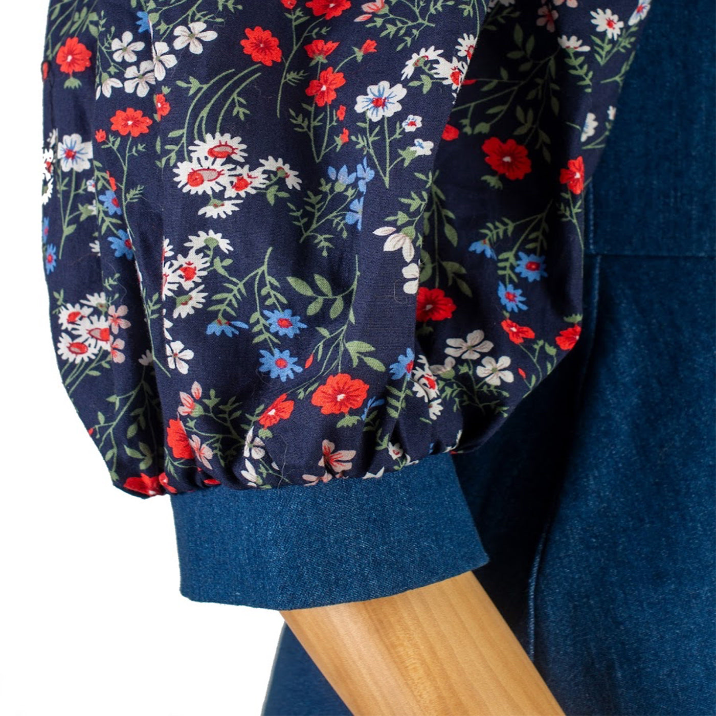 Denim Dress with Floral Inserts and Puff Sleeves