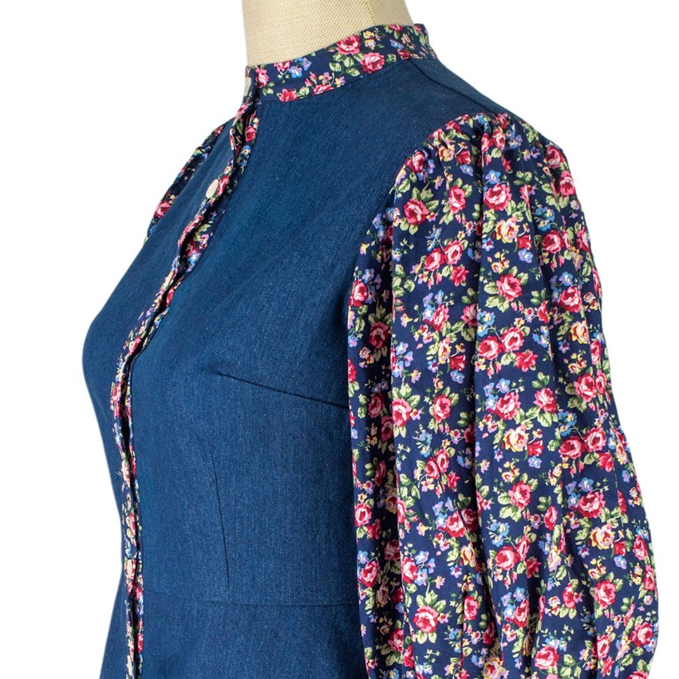 Denim Dress with Floral Inserts and Puff Sleeves