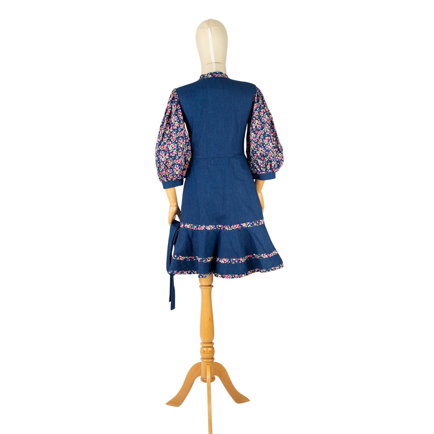 Denim Dress with Floral Inserts and Puff Sleeves