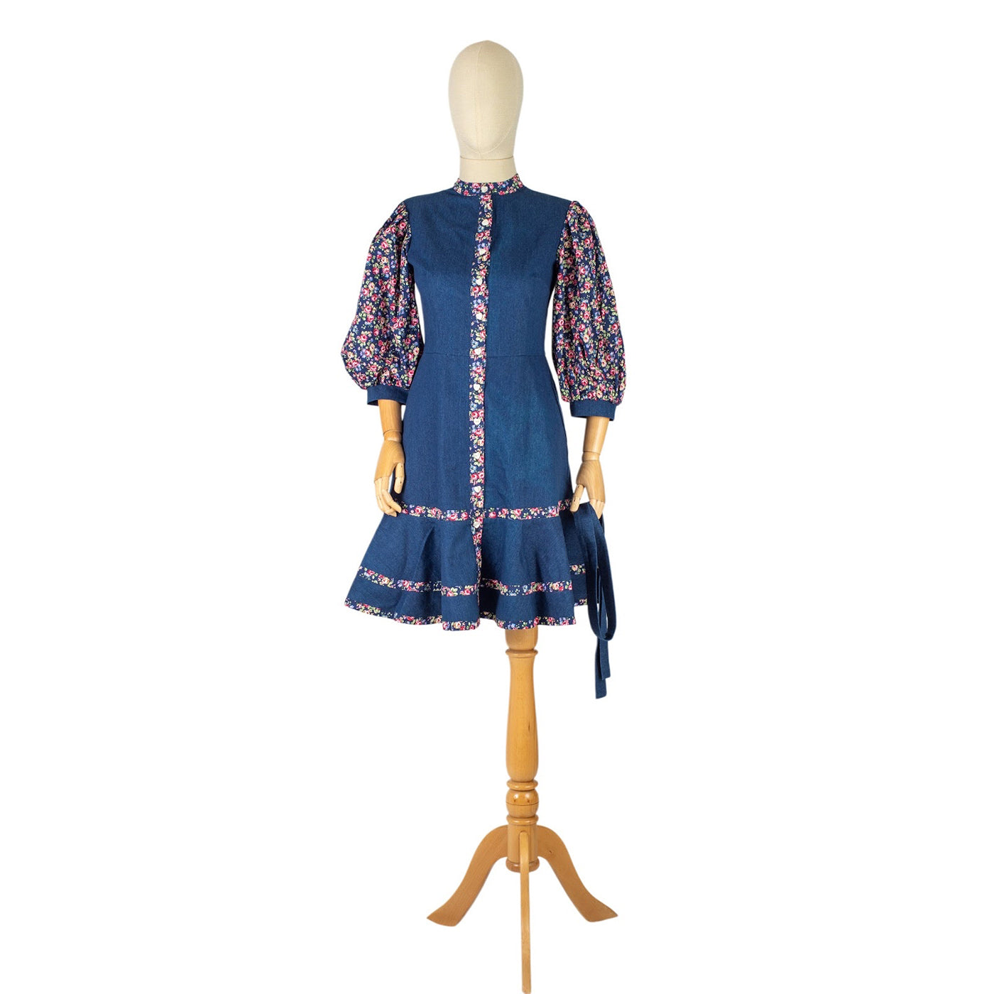 Denim Dress with Floral Inserts and Puff Sleeves