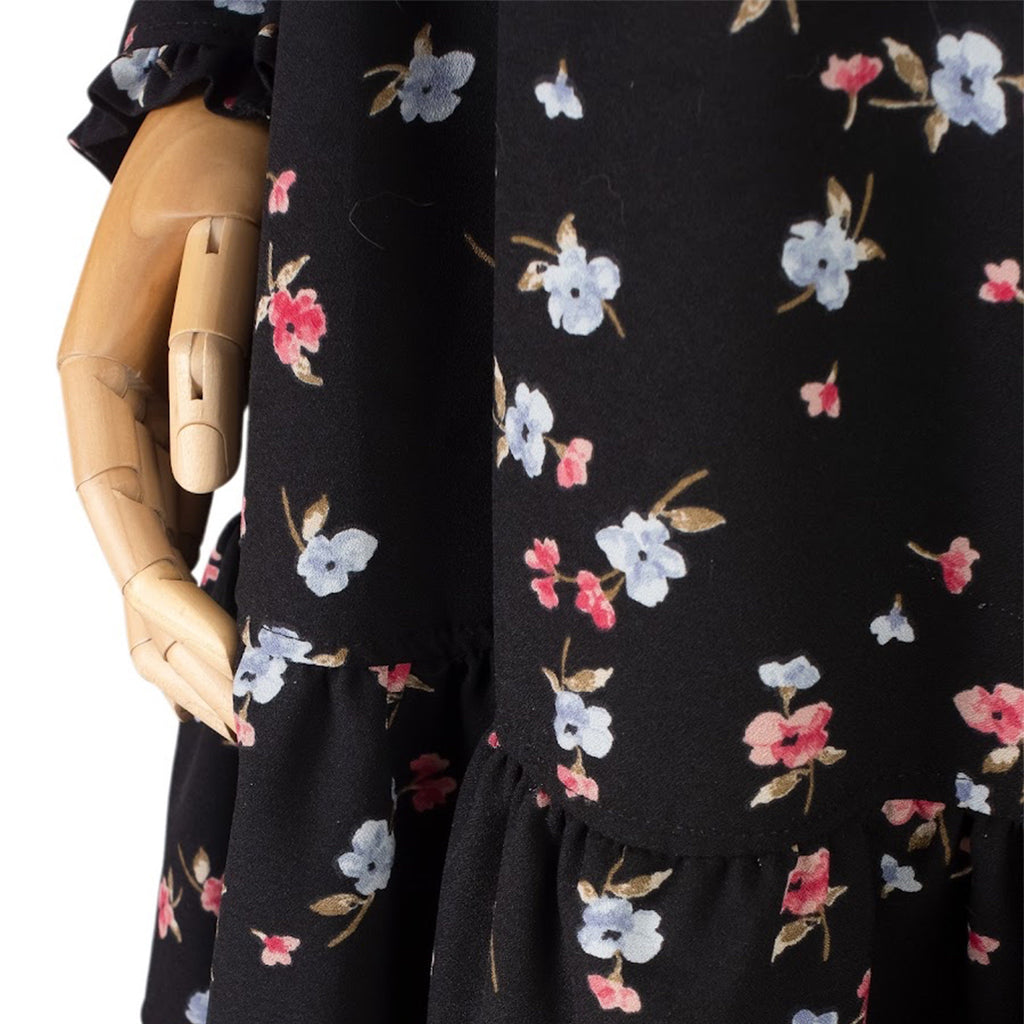 Black Floral Dress with Neck Keyhole and Bow Detail