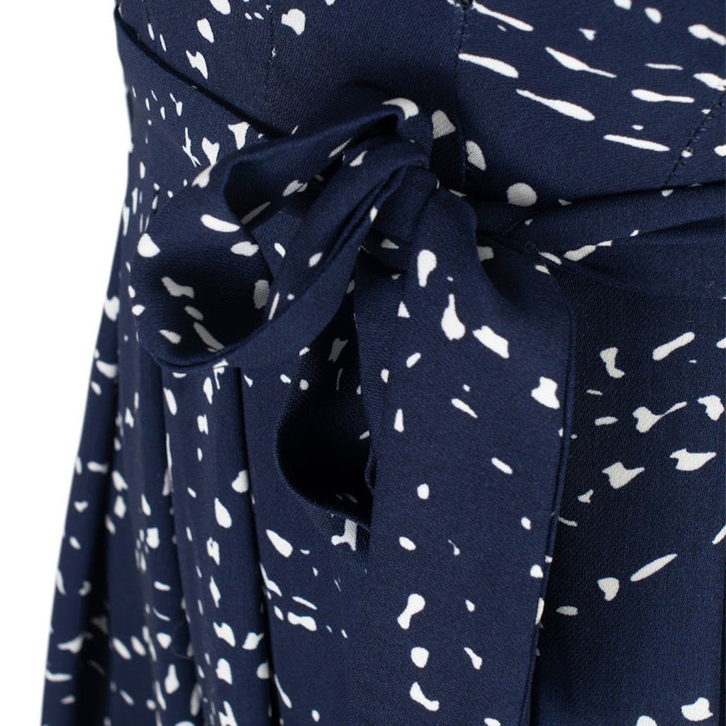 Navy Blue Wrap Dress with Belt and Dot Print