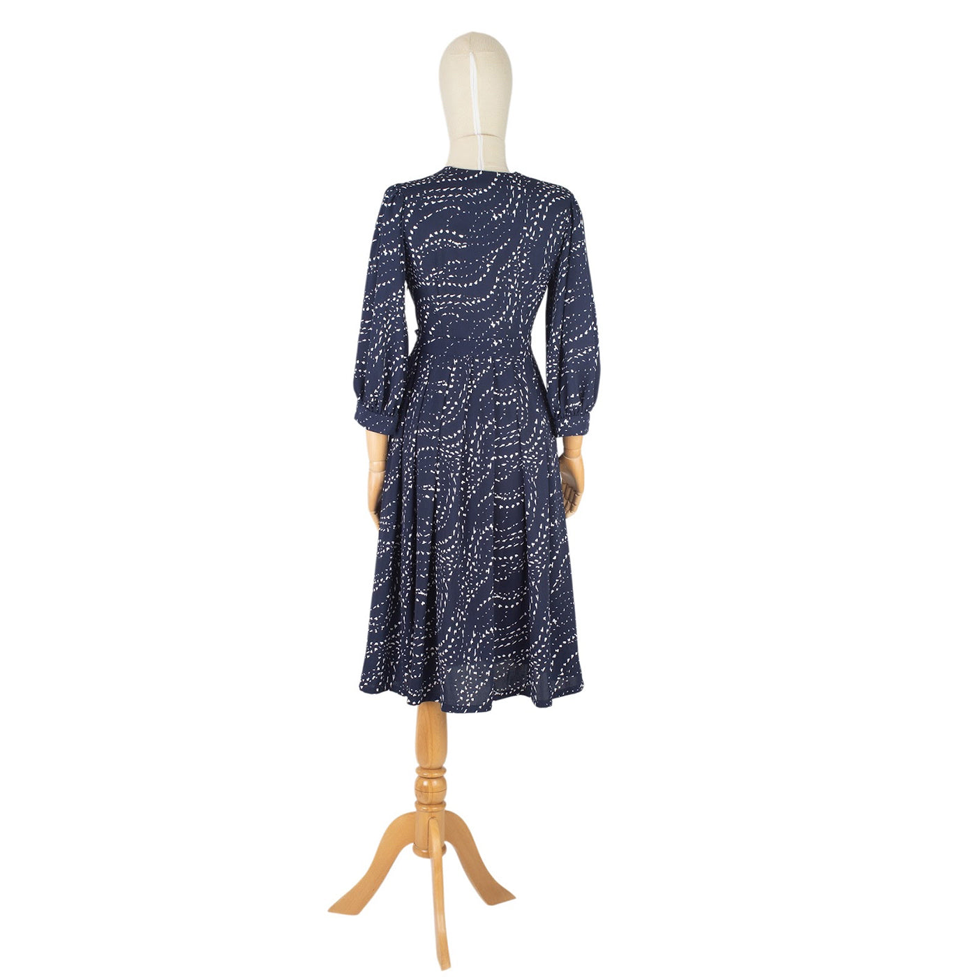 Navy Blue Wrap Dress with Belt and Dot Print