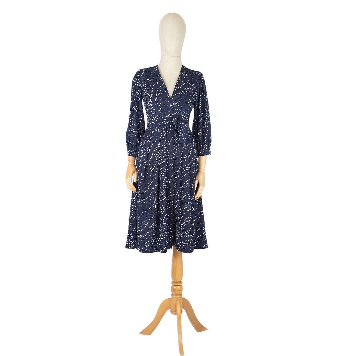 Navy Blue Wrap Dress with Belt and Dot Print