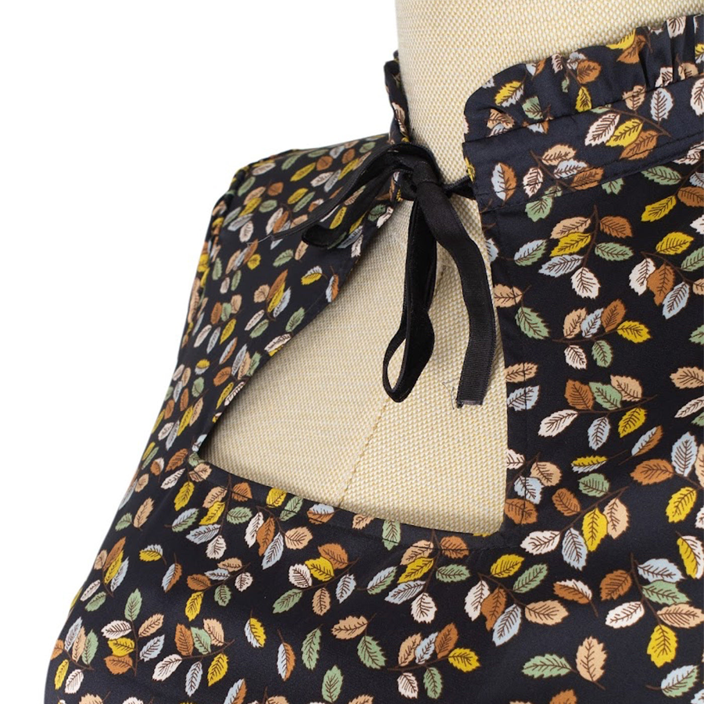 Leaf Print Dress with Neck Tie and Flounce Skirt