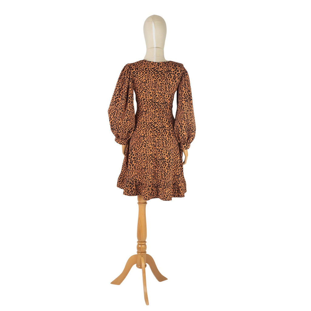 Leopard Print Puff Sleeve V-Neck Mini Dress